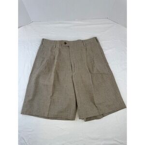 Van Heusen Mens 34 Tan Plaid Linen Cotton Pleated Relaxed Fit Shorts Windowpane